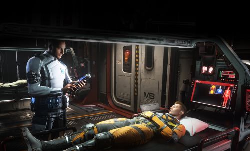 A doctor attending to a patient in a medical bed in a Cutlass Red